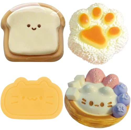 SSKHE 4 Stück Fufu Squishy Set: Kitten Egg Tarts, Karamell Käse, Reisball Cat Paws, Toast, Taba Squishy, niedliches Stressabbau-Spielzeug für alle Altersgruppen