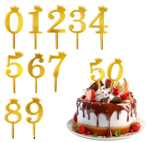 KEQAR Kuchen Deko Geburtstag,10 Stück Zahlen 0-9 Cake Topper Geburtstag Acryl Happy Birthday Tortendeko Wiederverwendbar Deko Torte Geburtstag Gold Torten Deko für Geburtstagsfeiern Hochzeitsparty