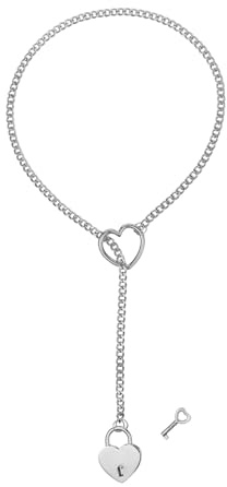 Flongo Heart Lariat Choker for Women: Black Adjustable Lock and Key Pendant Necklace with Stainless Steel Cuban Y Chain - Gothic Punk Jewellery - Love Symbol Necklace - Gift for Her