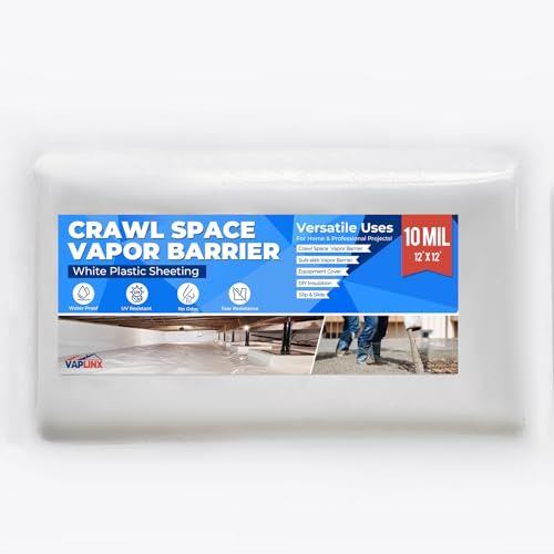 White Crawl Space Vapor Barrier, 10 Mil Vapor Barrier, 12' x 12', Heavy Duty Polyethylene Film, Thick Plastic Sheeting, Plastic Drop Cloth Covering for Crawlspace, Basement, White