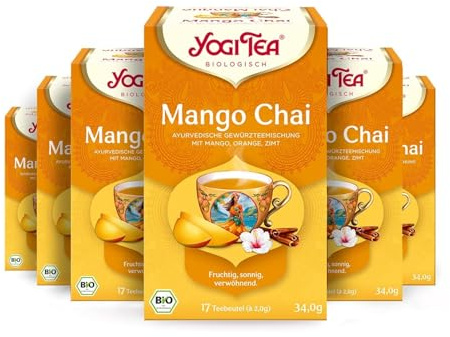 Yogi Tea Mango Chai, 6x17 Beutel (102 Teebeutel) | Ayurvedischer Bio Früchtetee, mit Mango, Orange, Zimt, heiß oder kalt zu genießen