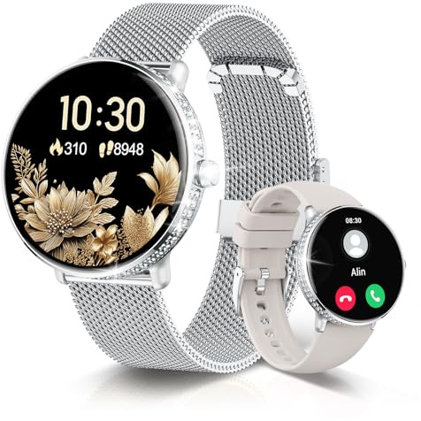 LES FLEURS Smartwatch Damen Anrufe Annehmen/Tätigen, 1,54 HD AMOLED Fitnessuhr Damen mit Schlaf Herzfrequenz SpO2 Blutdruckmessung, IP68 Fitness Tracker kompatibel mit iOS Android, 2 Bändern