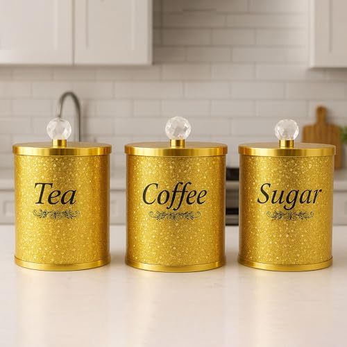 ONE BEST DEAL OBD Sparkling Diamond Tea Coffee Sugar Canister Set Airtight Canister Set Crushed Diamond Kitchen Storage Jars Premium Decorative Tea Sugar Coffee Containers (Gold Diamond)