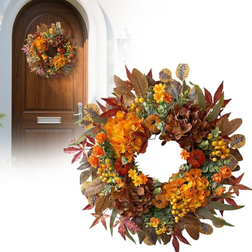 24 Inch Extra Large Autumn Wreath for Front Door, Rustic Hydrangea & Berry Fall Wreath with Burlap Bow, Velvet Pumpkin，Halloween Thanksgiving & Harvest Door Decor (24inch)