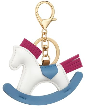DONWOIE Pferd Schlüsselanhänger, Taschenanhänger für Damen | Spielzeugpferd Schlusselband mit Magentarot Quastenmähne und Blau Schaukelboden Geschenk für Kindheitsliebhaber