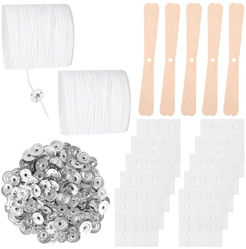 2 Rollen 6100cm Kerzendocht,Kerzen für Kerzen Mit 200 Stück Dochthalter Und Aufkleber,Kerzendochte Für Kerzen,Kerzen Selber Machen Set Für DIY Kerzenherstellung Weihnachten
