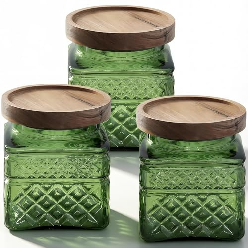 Tel Charme * 3-Pack 600ml Glass Jars with Bamboo Lids, Airtight Vintage Glass Storage Canisters for Kitchen Pantry Coffee Sugar Tea Flour Snacks(Green-2)