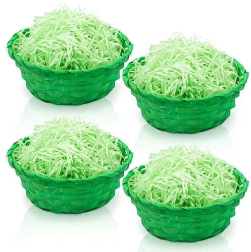 XIANGLONGY Osterkörbe 4 Stück mit 100g Ostergras – Geflochtene Präsentkörbchen für Eiersuche, Süßigkeiten, Brötchen & Frühlingstischdeko – Wiederverwendbare Osterdeko (Grün – 4 Körbe + 100g Gras)