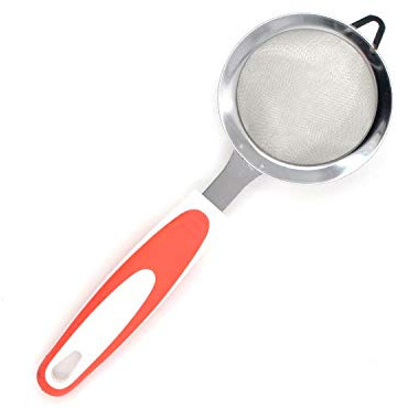 QIALAI 9cm Stainless Steel Flour Sifter & Kitchen Strainer, Handheld Sieve with Non-Slip TPR Handle for Baking, Washing Sesame & Filtering, Orange, 24.5cm