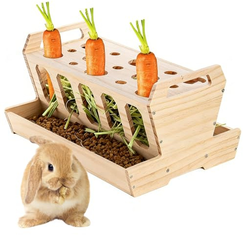 Große Heuraufe aus Naturholz für Kaninchen & Nager, Stabil Stehende Futterraufe mit Karottenhalter, 30 x 21 x 18 cm Zubehör für Kaninchenstall Meerschweinchen Hasen Hamster Mäuse Ratten
