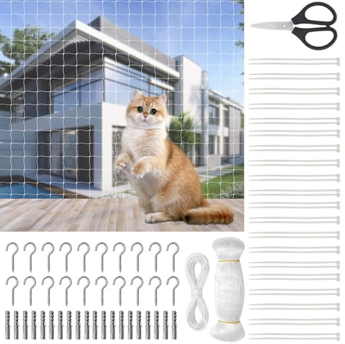 Katzennetz für Balkon, 10 x 3M Nylon Balkonnetz Gegen Tauben, 2.5 cm Vogelnetze Taubenschutznetz Loch Balkonnetze mit Befestigungsseil Zubehör Scheren und Weib Kabelbinder für Fenster