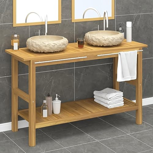 Caltucah Teak Waschtischunterschrank mit cremefarbenem Marmorbecken 132 x 45 x 75 cm, Doppelwaschbecken, wandmontage oder stehend, stauraum für Bad und waschraum