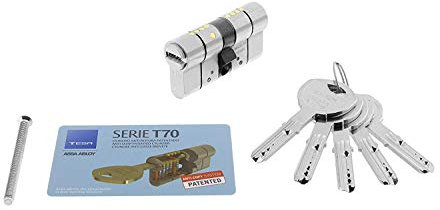 Tesa Assa Abloy, T75D3040N, Cilindro de Alta Seguridad, T70 DS, Doble Embrague, Leva Larga, Llave - Llave, Niquelado, 30 x 40 mm