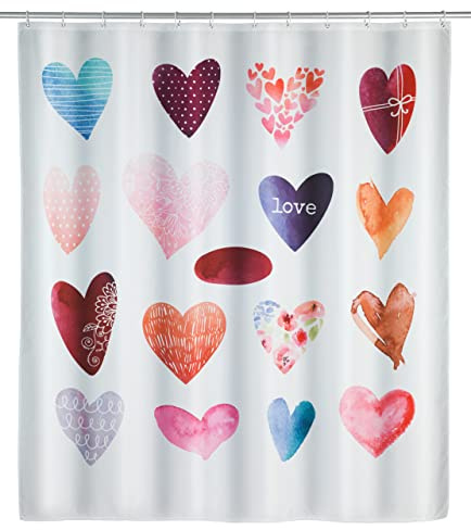 WENKO Rideau de douche Love Lavable, hydrofuge avec 12 anneaux pour rideau de douche Multicolore