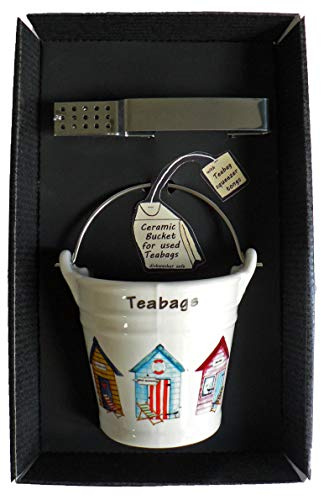 Beach Hut Teabag Tidy Bucket with Teabag Squeezer Tongs - Gift Boxed