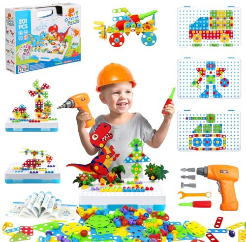 Steckspiel Spielzeug ab 3 Jahre mit Bohrmaschine Werkzeugkoffer Kinderspielzeug und Mosaik Bastelset 3D Puzzle Spiele ab 3 4 5 6 Jahren für Geschenk 3 4 5 5 Jahre Junge Mädchen - Thema Dino