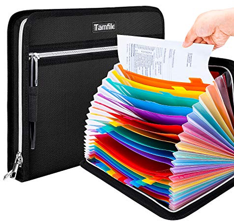 Tamfile Fireproof Waterproof Safe Expanding File Folder Accordion Document Organizer with 24 Pockets Portable Money File Bag Filing Holder and Color Lables/3Zippers A4 Letter Size (Black,14.3 9.8)