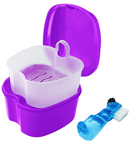 Colorful Denture Bath Case with Brush, Denture Cup Soaking Holder False Teeth Container Mouth Guard Storage Case Cleaning with Lid Waterproof - Purple