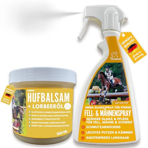 EMMA Pferdepflege-Set Mähnenspray Pferd 2x0,5l Schweifspray für Pferde - Pferdeglanz Spray - Huffett Pferde Hufgel mit Lorbeeröl - Inhalt Putzbox für Pferde Mädchen Geschenk I Putzzeug für Pferde