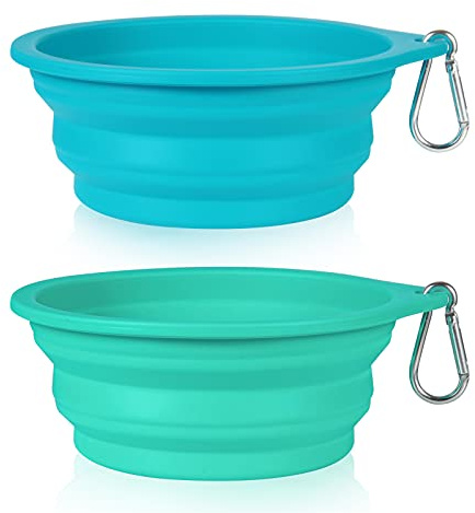 SLSON 2 Pièces Bols pour Chiens Gamelles de Voyage Intégré Pliable Bol sans Rebord en Plastique,pour la Randonnée Le Camping pour Chiens Chats 600ML (Bleu Clair + Vert Clair)