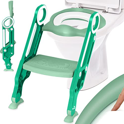 KIDIZ® Kinder Toilettensitz Toilettentrainer mit Treppe und Griffe Faltbar Kindertoilette WC Sitz Töpfchentrainer Lerntöpfchen bequemem Kissen und breiten Stufen Toilettentreppe höhenverstellbar Grün