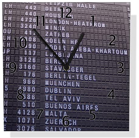 Wallario Design Wanduhr Flughafen Abflugtafel aus Aluverbund, Alu-Uhr Größe 30 x 30 cm, Schwarze Zeiger mit Metalloptik