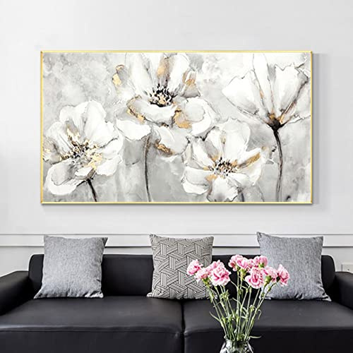 HOLEILUCK Cuadro de flores blancas Lienzo dorado Pintura al óleo Cuadros de arte de pared interior moderno para sala de estar Decoración de gran tamaño Obra de arte 17.72x35.43in (45x90cm) Con marco