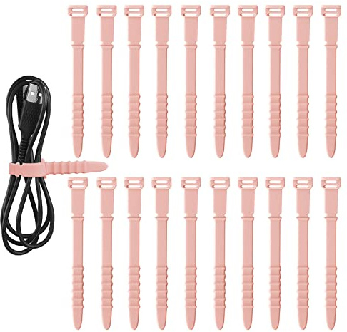 SAVITA 20pcs Reusable Wire Ties, 4.5inch Silicone Cable Ties Elastic Silicone Cord Organizer Straps Reusable Cable Zip Ties for Charging Cables USB Cables Earphones Line Pens Key Chains (Pink)
