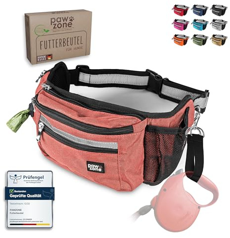 PAWZONE® Futterbeutel Hunde - Leckerlibeutel für Hunde - Bauchtasche für Hunde Zubehör - Leckerlietasche für Hunde - Inkl. Reflektorband & Zusatzgurt für Flexileine (Rostrot)