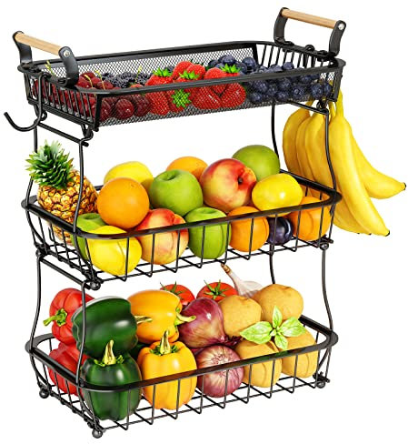 Corbeille à fruits à 3 niveaux avec 2 cintres bananes pour comptoir de cuisine, comptoir de légumes, support de rangement en fil métallique de grande capacité pour oignons, collation, noir