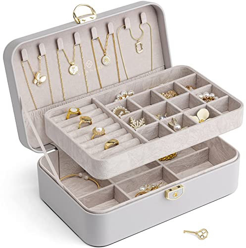 Vlando Joyero Caja de Joyería para Mujeres y Niñas, de Doble Capa, con Cerradura, para Anillos, Pendientes, Pulseras, Collares