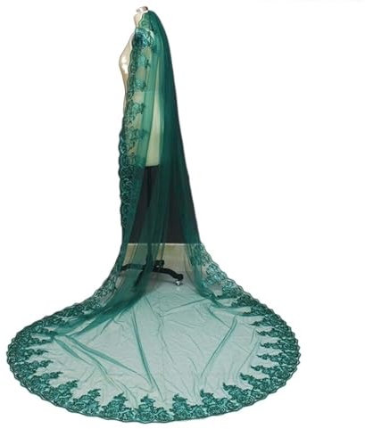 VRONIS Bridal Veil, Pailletten-Spitzenrand, eine Schicht, grüne Brautschleier mit Kamm, Kathedrale, Brautschleier, Hochzeitszubehör