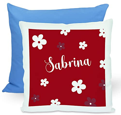 CreaDesign, Kinder Kissen 40x40 cm personalisiert mit Namen, Kinderzimmer Deko Kissen Kinder mit Füllung Federn, Motiv Blumen rot, Rückenfarbe Blau