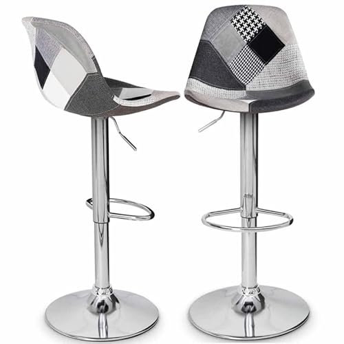 IDMarket – Juego de 2 taburetes de bar Karl Design patchworks negros, gris y blanco, pie cromado
