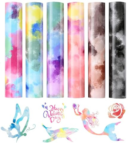 6 stycken Tie Dye plotterfolie textil värmeöverföring vinyl, fexfolie plotter textil strykfolie regnbåge vinylfilm för gör-det-själv-projekt, 30,5 cm x 25 cm