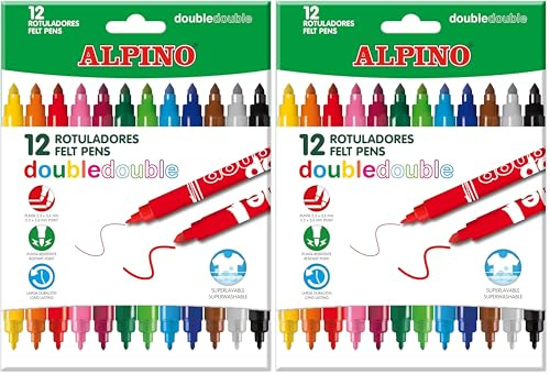 Alpino Rotulador double double punta gruesa y punta fina caja de 10+2 colores surtidos (Paquete de 2)