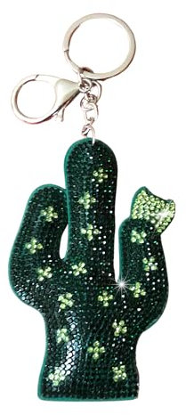 Popfizzy Bling nyckelring tillbehör för kvinnor, strass nyckelring, bilnycklar, söt plånbok hänge för handväskor, Mörkgrön kaktus (silver), L