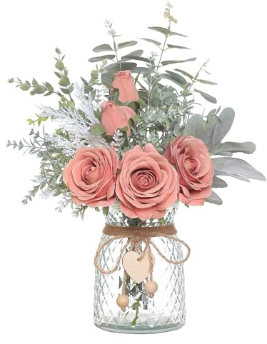 Blanketswarm Flores Artificiales con Florero, Rosas de Seda Artificiales en Florero, Arreglo de Florero Artificial para Centros de Mesa, Bodas, Mesas de Café, Baños, Decoraciones de Oficina(Rosa)