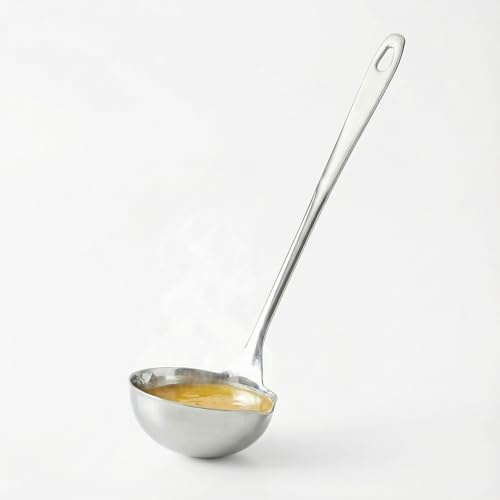 HEMOTON Cucharón de sopa de acero inoxidable con vertedor, cucharón para sopas y salsas, cucharón de salsa con mango largo de 27 cm, cucharón de salsa sin óxido con gancho, cucharón de servir para