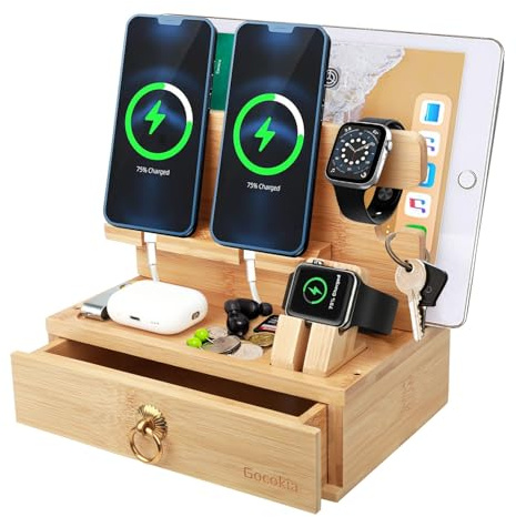 Gocokia Multifunktionella bambustativ, dubbel mobiltelefonhållare, förvaringsstativ för surfplatta, klockförvaring, bambu, mobiltelefonhållare med låda