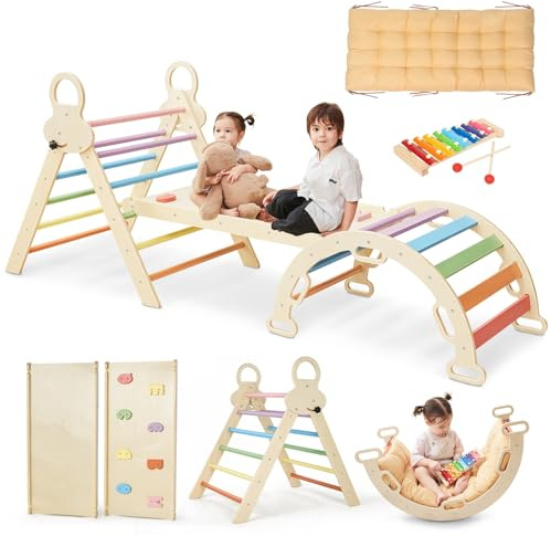 Saryocy Pikler Triangle Set for Kids, 8 in 1 Colorful Montessori Large Climbing Toys for Toddlers 1-6 Inside with Ramp, Arch and Foldable Triangle, Wooden Child Indoor Playground
