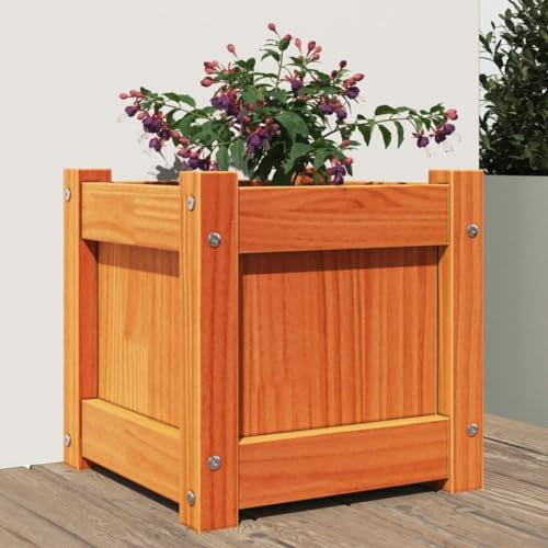 Homgoday Jardinera con rejilla para jardín, jardinera marrón cera, 31 x 31 x 31 cm, madera maciza de pino, jardinera rejilla para jardín, jardinera de exterior, jardinera balcón