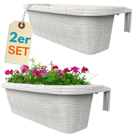 GarPet 2er Set Blumenkasten Balkongeländer Balkon Blumenkasten Balkonkasten mit Halterung Geländerkasten mit Wasserspeicher Rattan Optik Weiß 60 cm