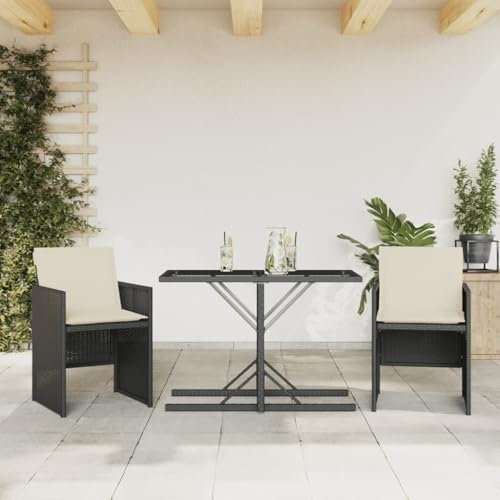 KATERYY 3-TLG. Bistro-Set mit Kissen Schwarz Poly Rattan,Hochwertiges Bistroset aus PERattan für Garten, Balkon und Terrasse Wetterfest und bequem