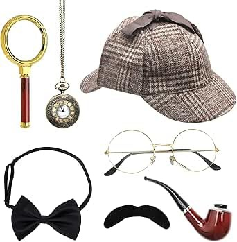 UOCAI Set di 7 accessori per costume da detective, Sherlock Holmes, accessori per costume con cappello detective, occhiali falsi baffi, mosche, detective cosplay, accessori di scena per carnevale