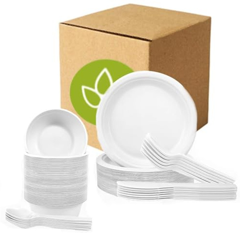 250 PCS Compostable Paper Plates and Utensils Set (EXTRA LONG), White Microwaveable Compostable Dinnerware Set, Disposable Plates, Bowls & Cutlery Includes Forks, Knives & Spoons, 50 Sets Each
