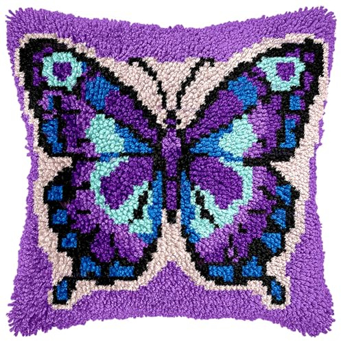 veirousa Butterfly Latch Hook Kits for Adults Beginners Animals Latch Hook Pillow Kit Pre-Printed Latch Hook Rug Kits Insect Cross-Stitch Cushion for Home Sofa Decoration 17x17 in. Handmade Gift