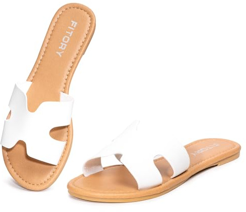 FITORY Women's Fashion Sandals Summer Casual Dressy Slip On Comfortable Leather Flat Slides On Indoor/Outdoor Pure White Size 8