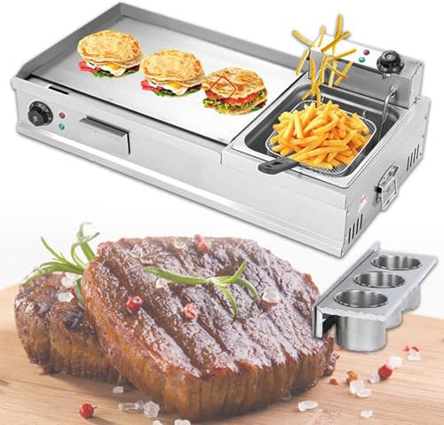 SFNIOKFG Electric Griddles Extra Large with Fryer, Commercial Countertop Griddle Stainless Steel Grill with Seasoning Rack, for Fried Pizza, Fried Bacon,Small
