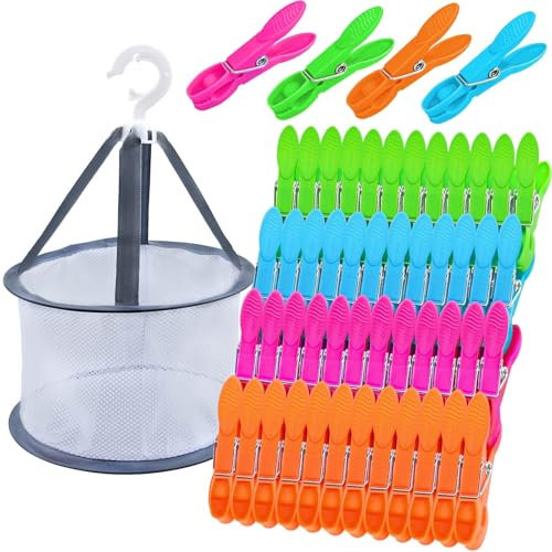 60 Pièces Pinces à Linge avec Panier de Rangement, Epingle a Linge en Plastique, Pince a Linge Exterieur Solides, pour Chaussettes, Serviettes, Vêtements